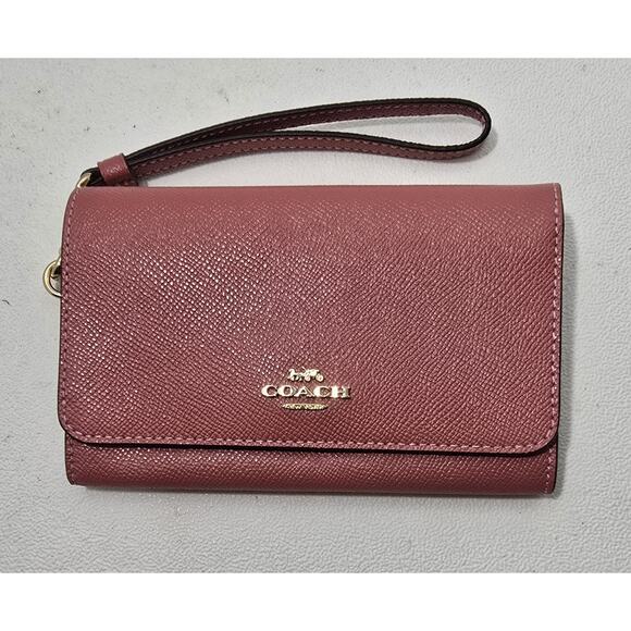 Coach Women's Flap Phone Wristlet Wallet in Cross grain Leather Mauve Pink - Picture 1 of 12